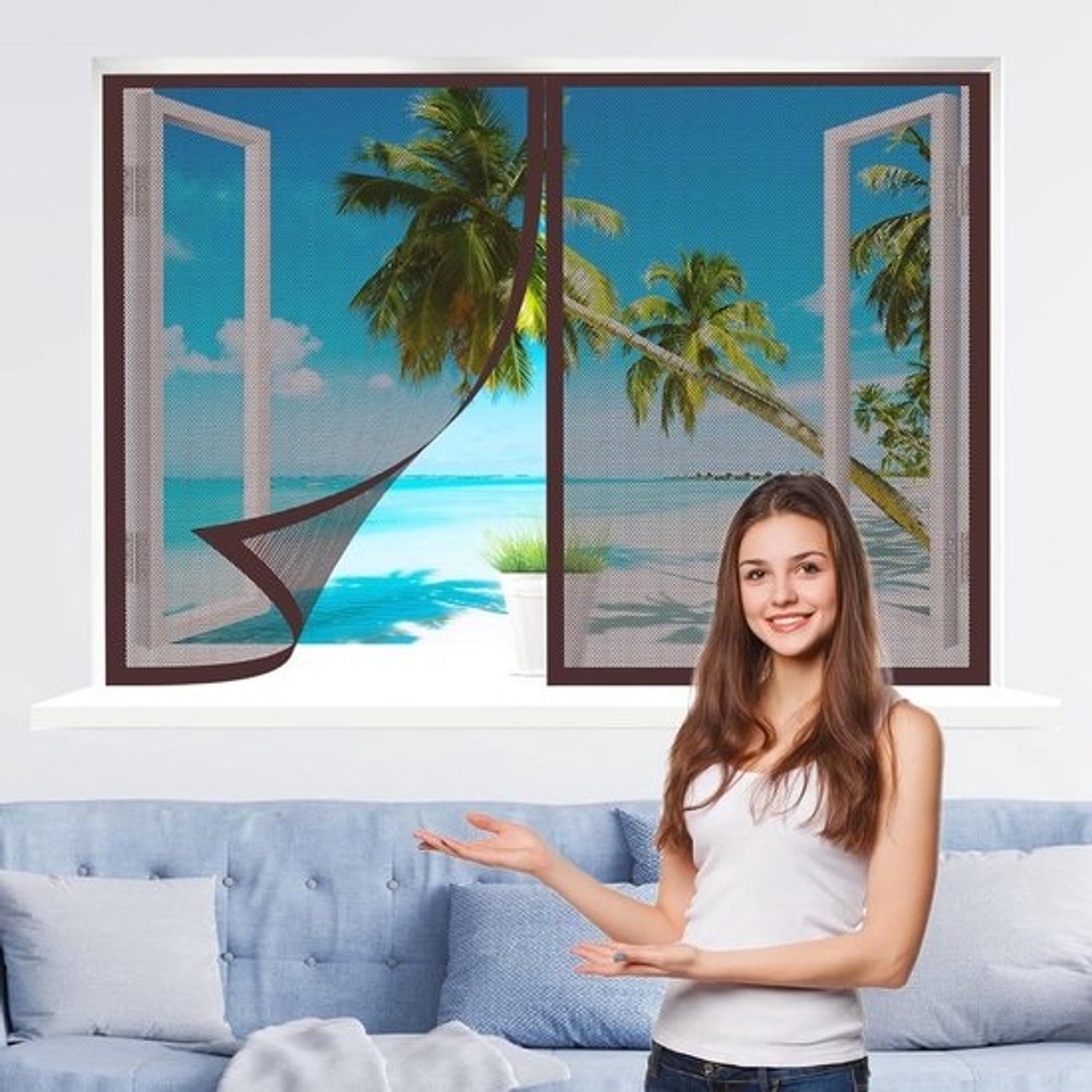 Horren voor raam - Insectenscherm - Frisse lucht - Magnetische bevestiging - 155 x 150 cm - Bruin