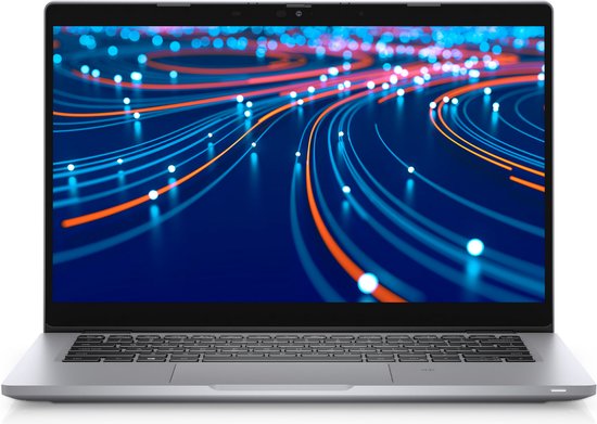 Zilveren Dell Latitude laptop, scherm toont blauwe achtergrond met oranje en witte lijnen.