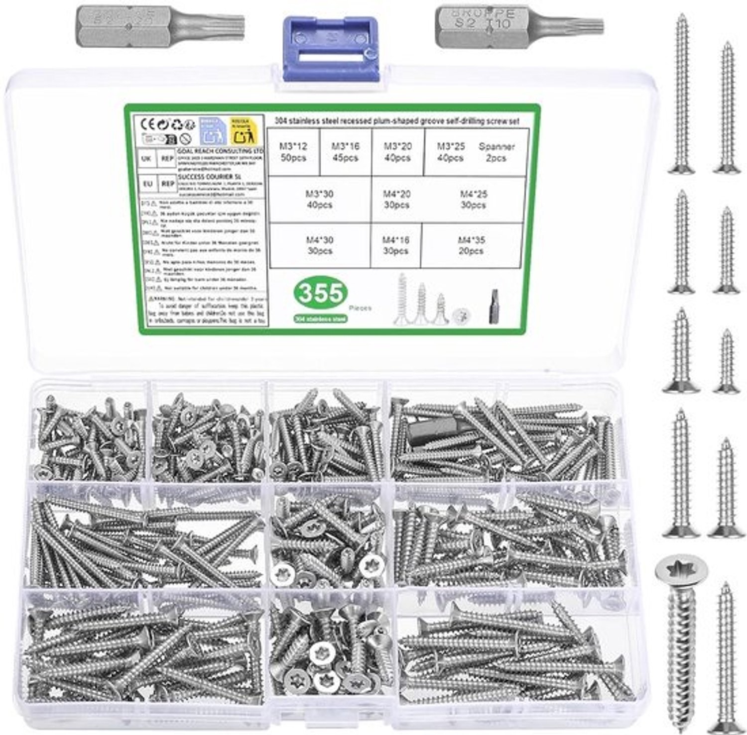 SnelShoppen - Torx Schroeven Set 355 Stuks RVS Houtschroeven Chipboard Schroeven Platte Hoofd Schroeven Verzinkte Hoofd Schroeven Zelftappende Schroev
