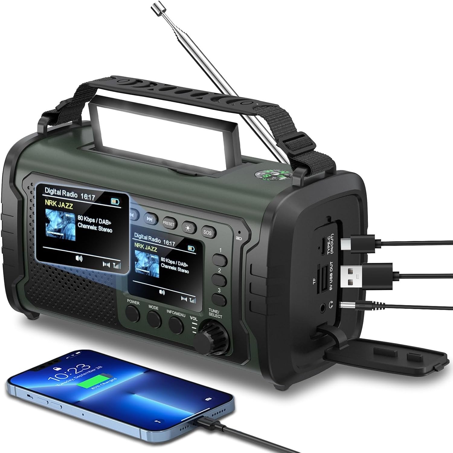 Noodradio met Powerbank - Army Groen - 27000 mAh - Zonne- en Zwengelradio - Voor Kamperen en Noodsituaties