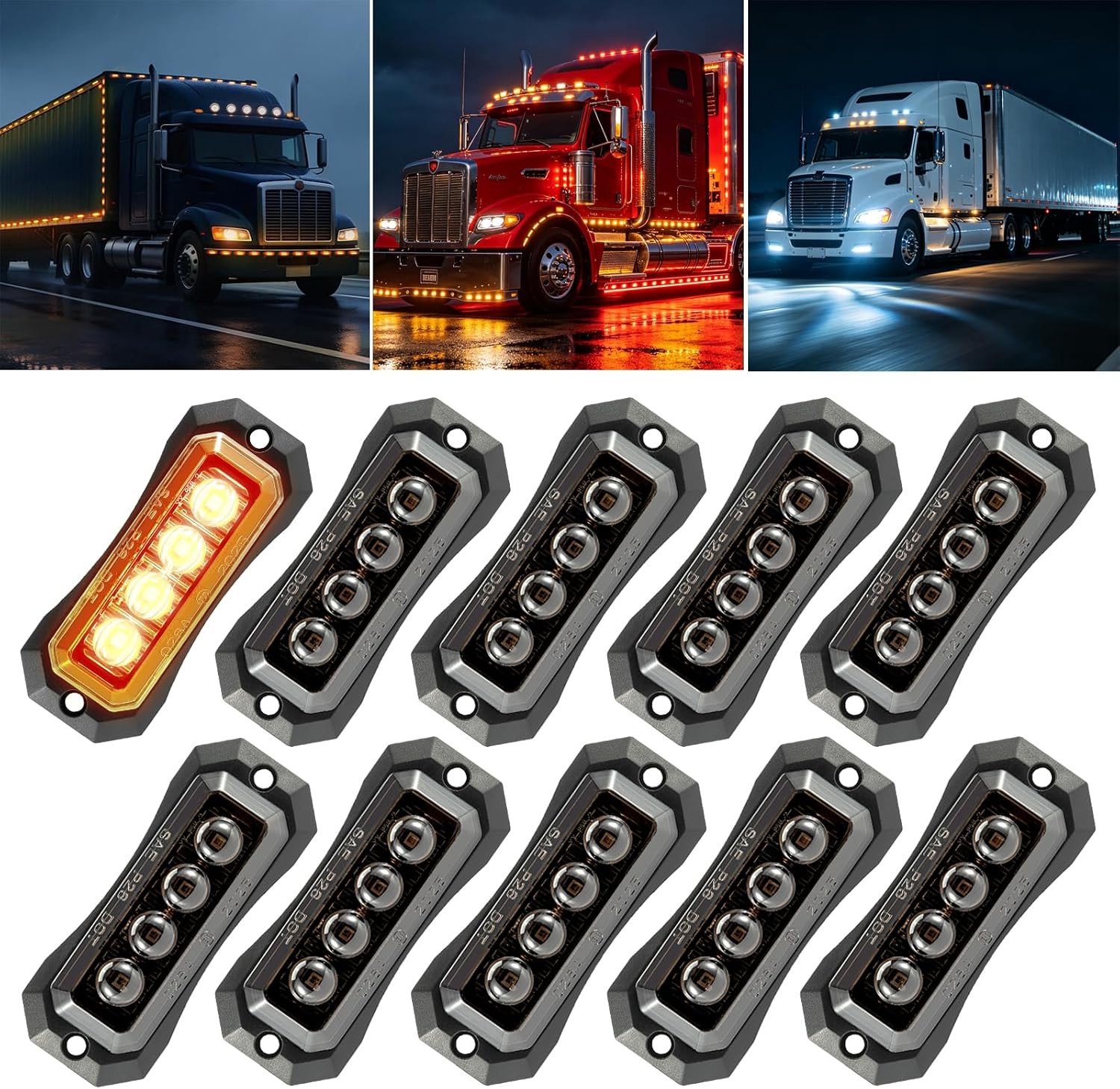 10 x LED markerlichten voor aanhangwagens, vrachtwagens, bussen en caravans, 12V-24V, waterdicht IP65, robuust ontwerp met 4 LEDs, universele toepassing, zwart (oranje geel licht)