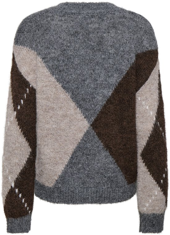 Achterzijde van de grijze, beige en bruine argyle-trui met V-hals van JDY.