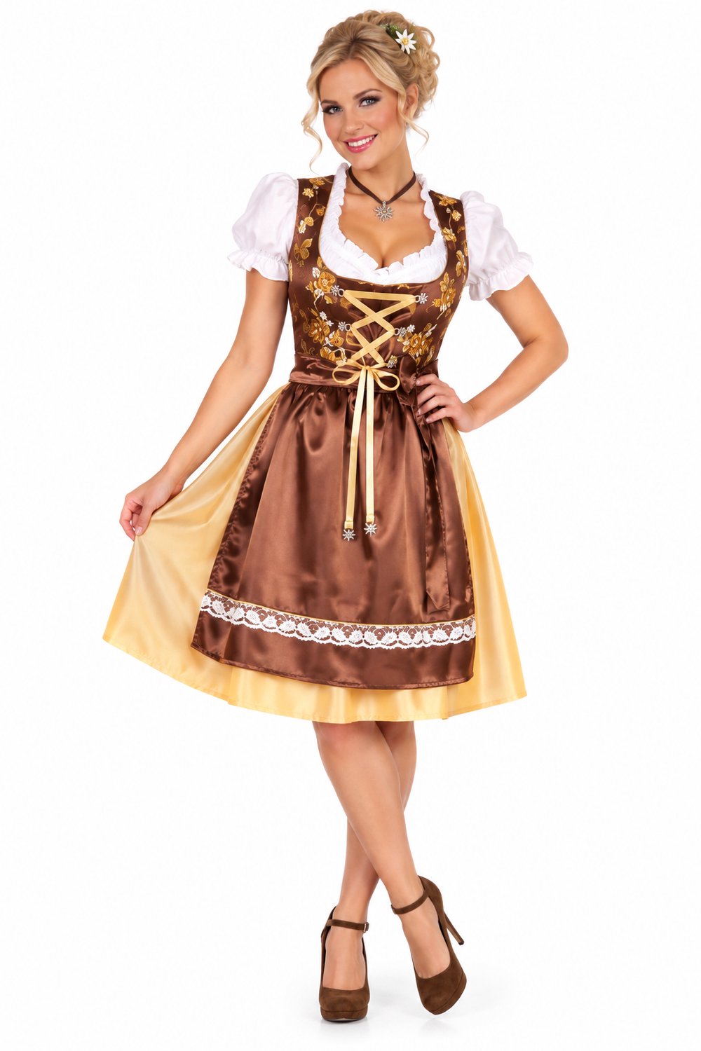Dirndl Dames Bruin Goud Maat XS – Oktoberfest Jurk – Tiroler Kostuum met Blouse & Schort – Beierse Verkleedjurk