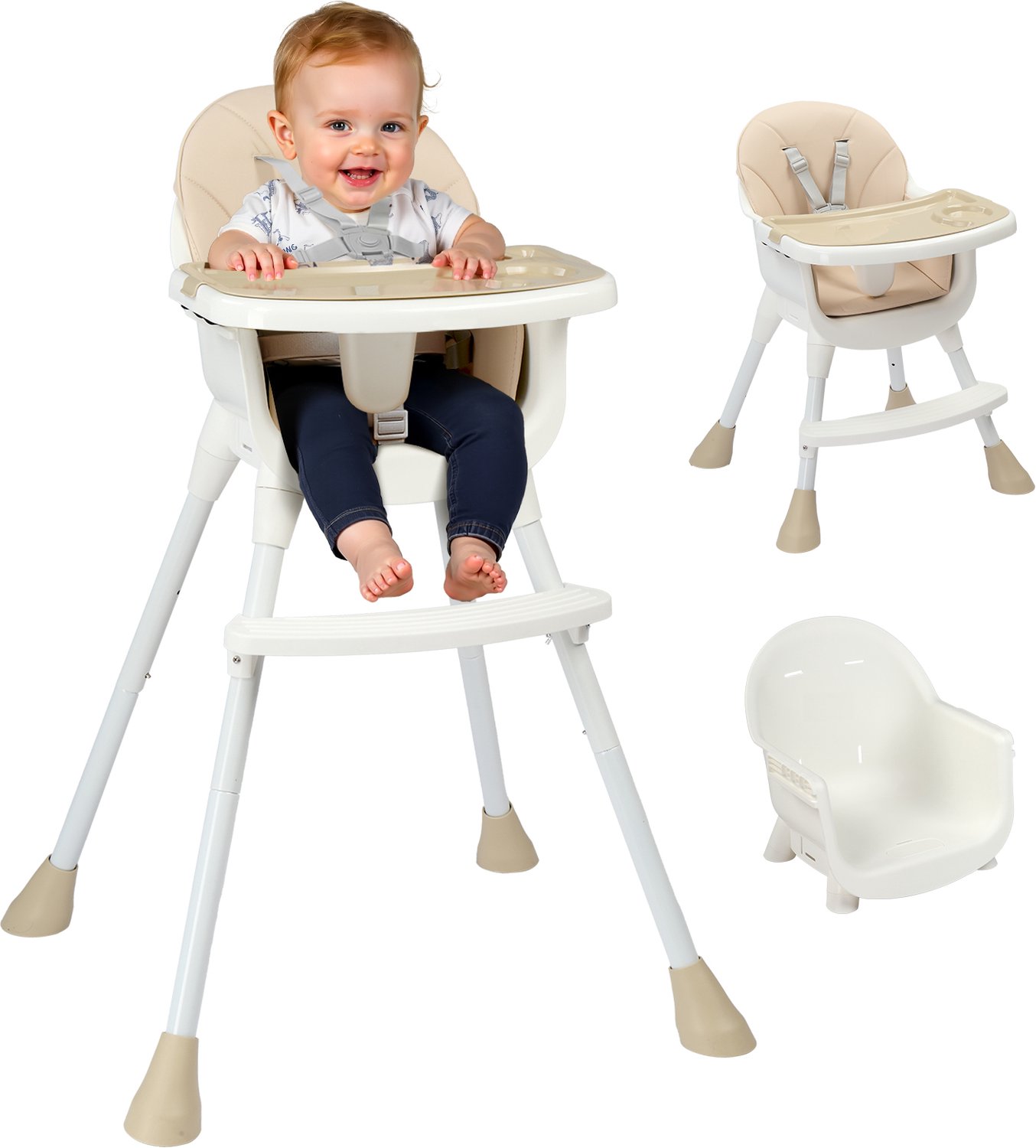 Kinderstoel voor baby en kind - LEADZM - Verstelbare en opvouwbare kinderstoel, Verwijderbaar plateau, Vijfpuntsveiligheidsgordel - Beige