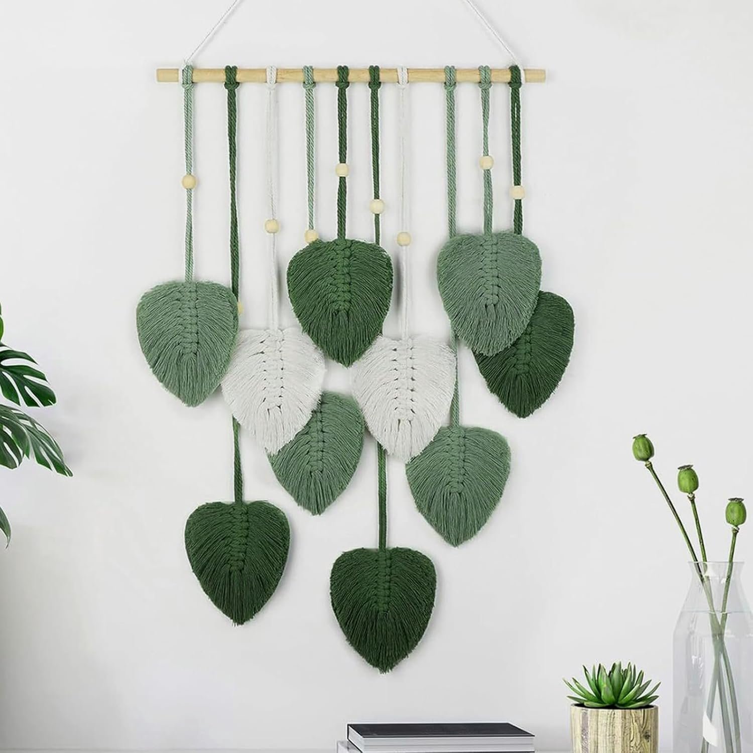 Macramé wandhangertje bladeren - handgemaakt - boho stijl - sfeervolle wanddecoratie - ShopVlot
