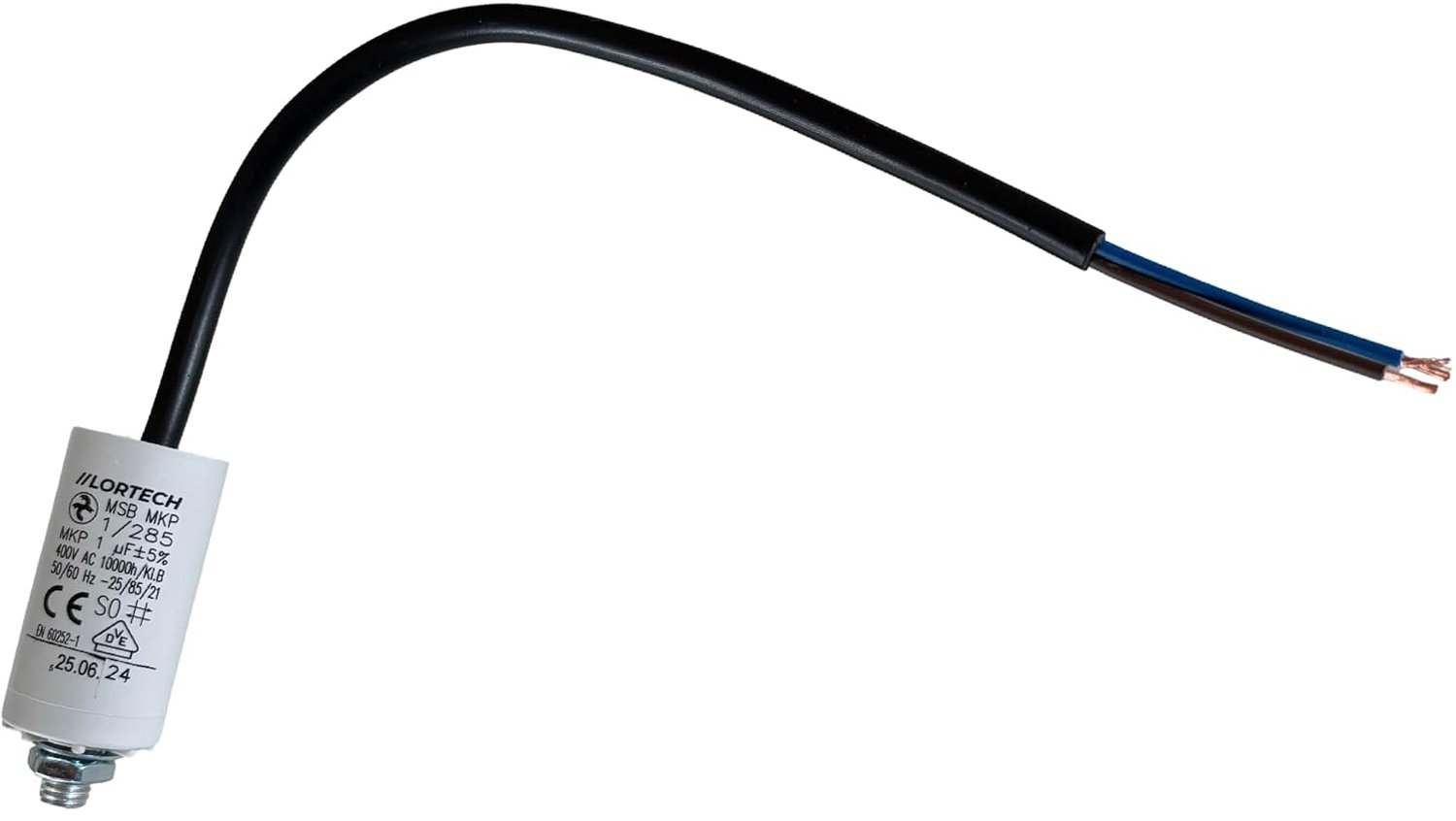 Permanent condensator 1 µF - 450 V AC - 250 mm kabel - ideaal voor enkel-fase elektromotoren - ShopVlot