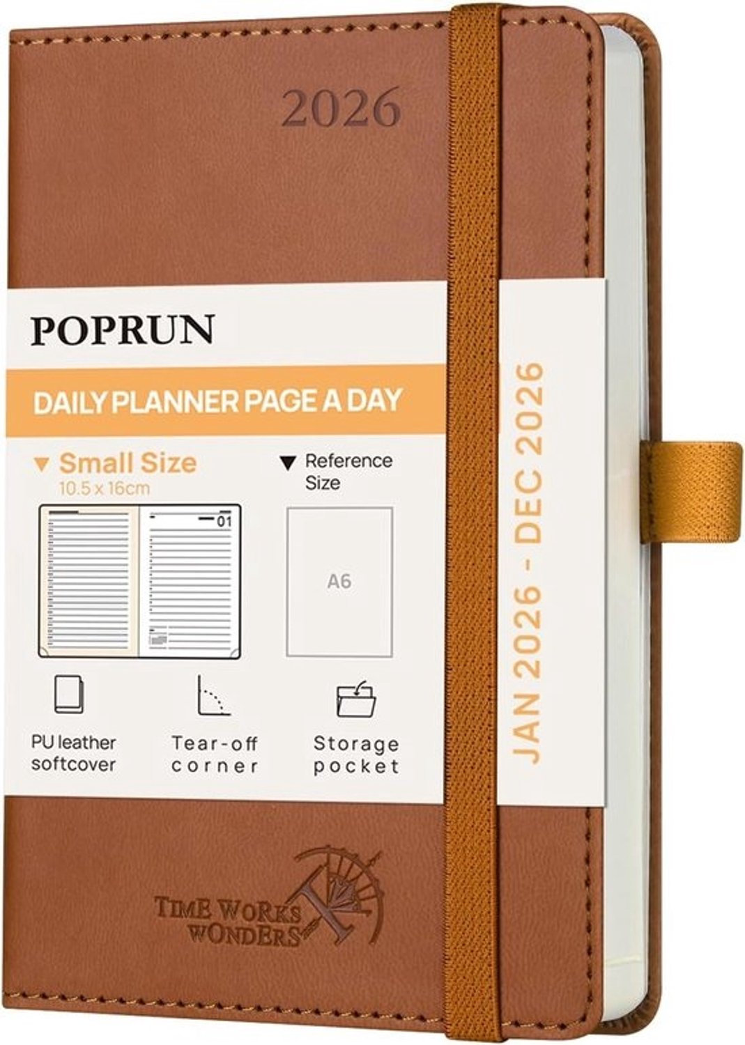 Dagplanner 2026 - Agenda in zakformaat - Tijd indelen - Eén pagina per dag - 16 x 10.5 cm - Bruin
