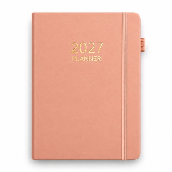 Roze A5 agenda 2027 met gouden opdruk en elastieksluiting, op een witte achtergrond.