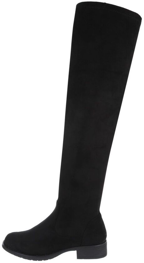 Botte cuissarde noire en aspect daim avec un petit talon et un bout rond.