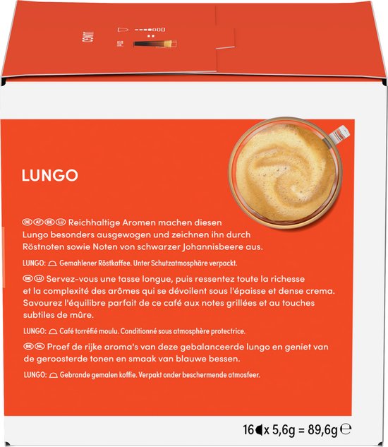 Zijkant van de verpakking met beschrijving van de Nescafé Dolce Gusto Lungo koffie en een glas koffie.