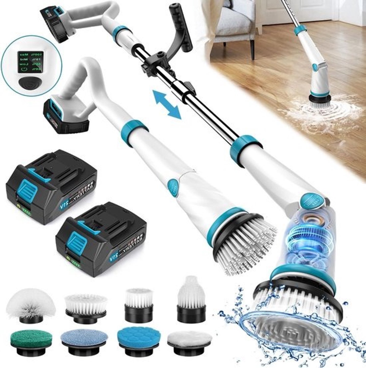 Elektrische Doucheborstel - Badborstel Body Brush - Huid Reinigen - Verstelbare Roterende Kop - 44 cm Lengte - Wit