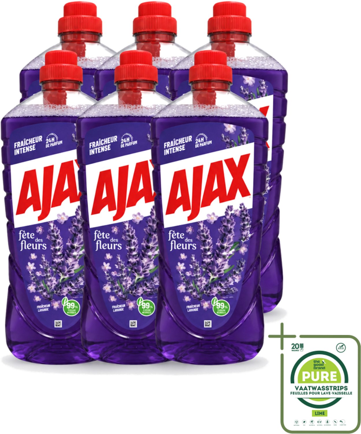 6 x Ajax – Allesreiniger – Lavendel – 1,25 L - Grootverpakking - Vaatwasstrips - Allesreiniger Lavendel - Reiniging - Vet Verwijderen - Frisse Geur - Rustgevende Geur