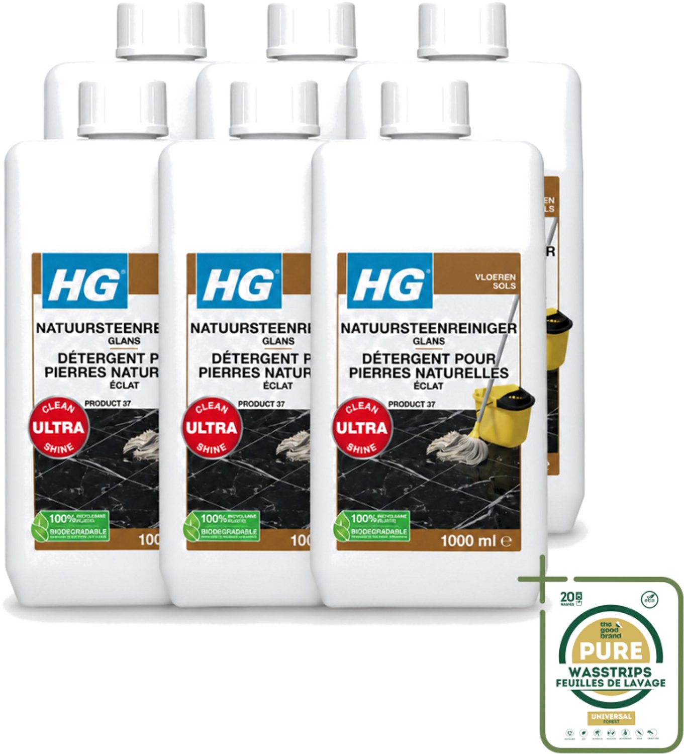 6 x HG - Natuursteenreiniger Glans - Ultra Glans - 20 Dweilbeurten - 1L - Wasstrips - Natuursteen Reinigen - Marmer Reinigen - Natuursteen Glans - Natuursteen Reiniger - Natuursteen Schoonmaken