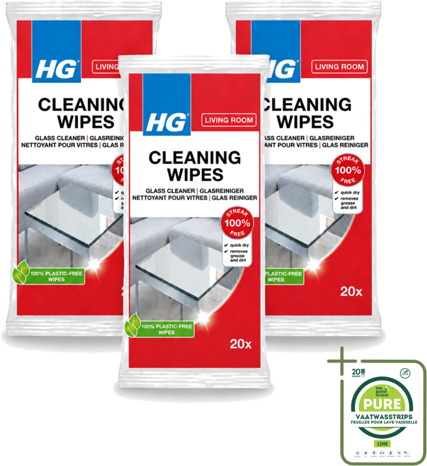 3 x HG - Woonkamer - Glasreinigingsdoekjes - Reinigt Streeploos - 20 Doekjes - Grootverpakking - Vaatwasstrips - Glas Reinigen - Spiegel Reinigen - Streeploos Schoonmaken - Vet En Vuil Verwijderen - Glasdoekjes