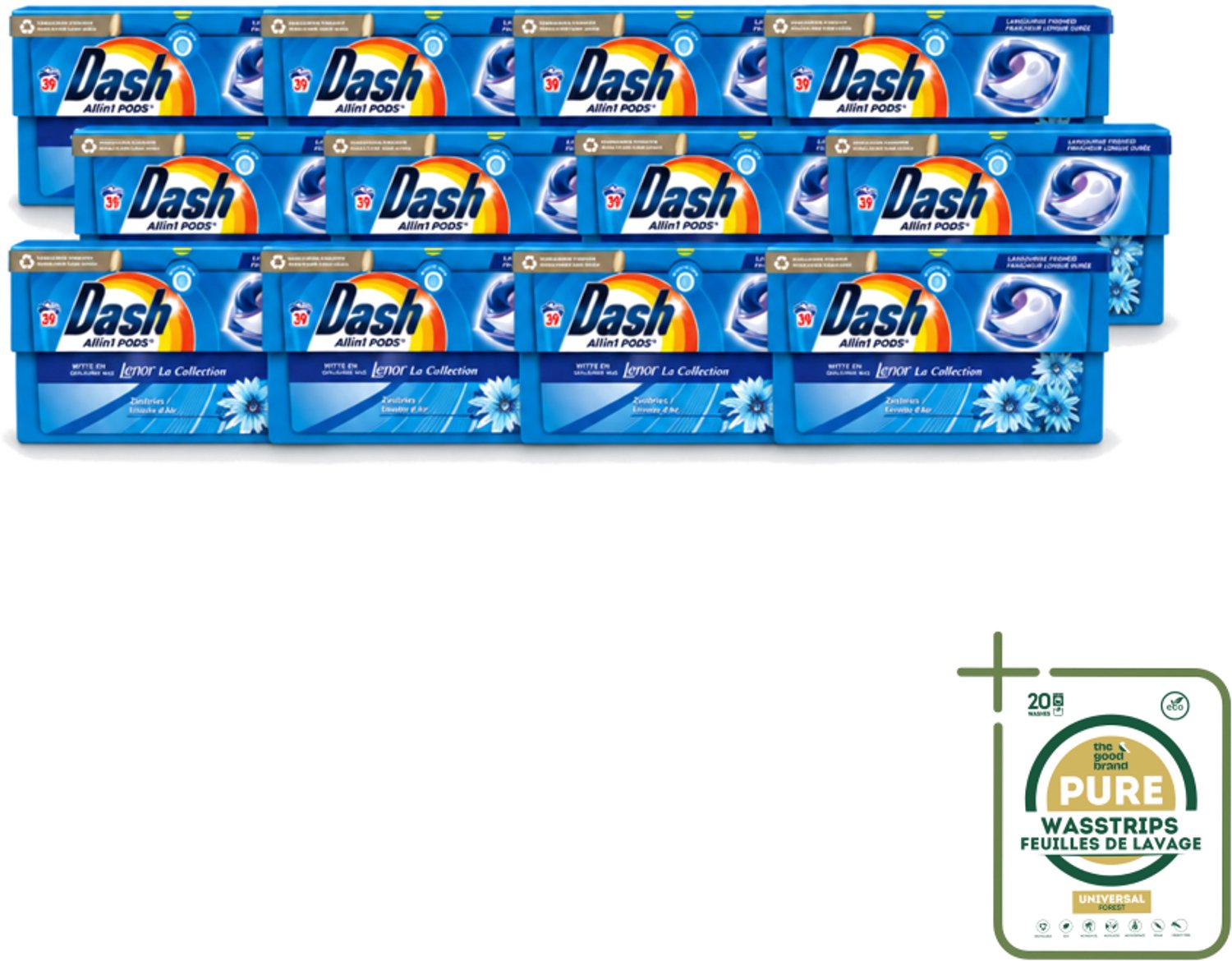 12 x Dash - Lenor Collectie - Wasmiddel Capsules - All-in-1 Pods - Witte en Gekleurde Was - 39 Wasbeurten - Wasstrips - Wasmiddel Capsules - Frisheid - Zeebries Geur - Wasmachine - Wasbeurten