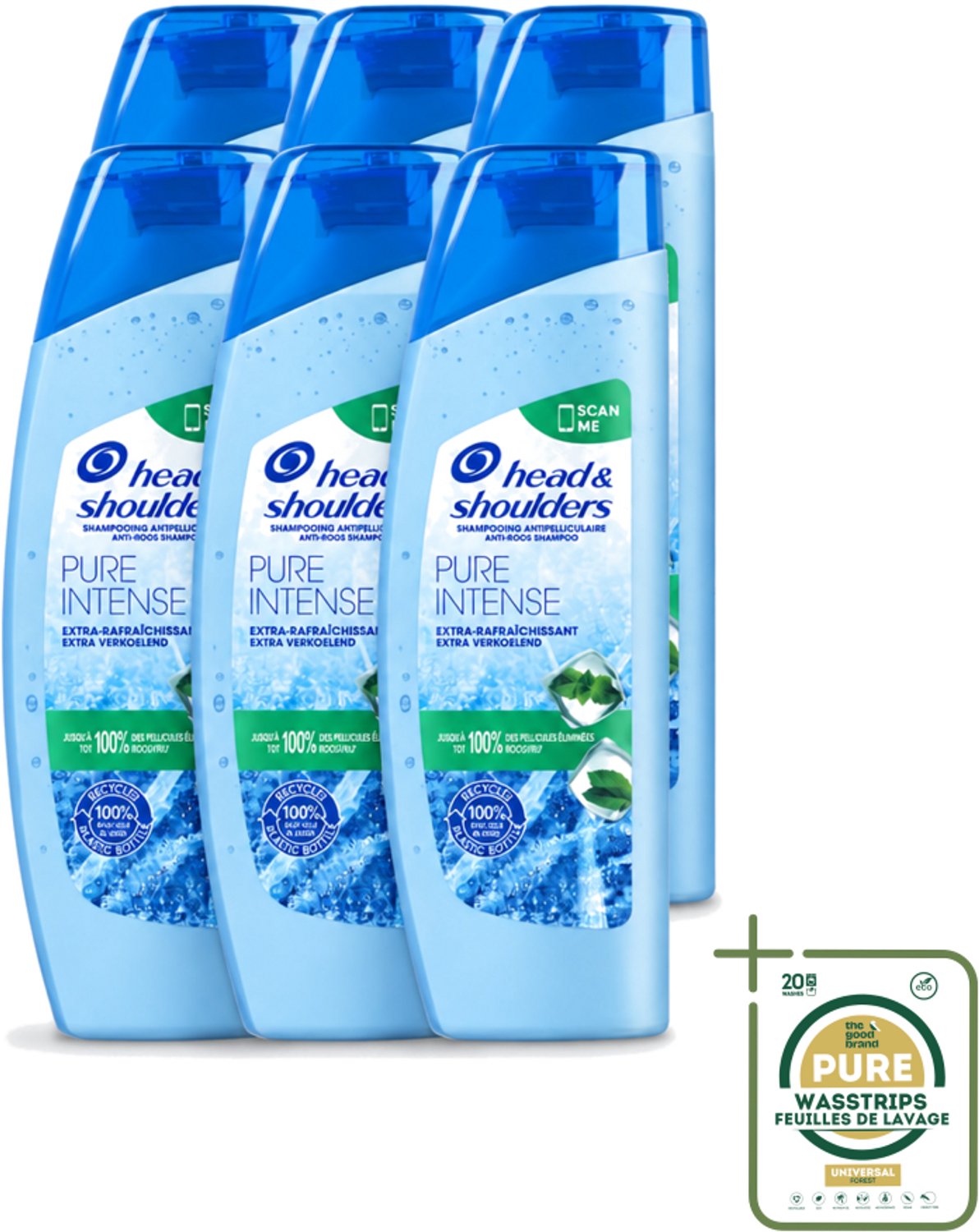6 x Head & Shoulders - Anti-Roos Shampoo - Pure Intense - Extra Verkoelend - 250 ml - Wasstrips - Roosvrij Haar - Roosbestrijding - Verkoelend Shampoo - Menthol Shampoo - Frisse Geur