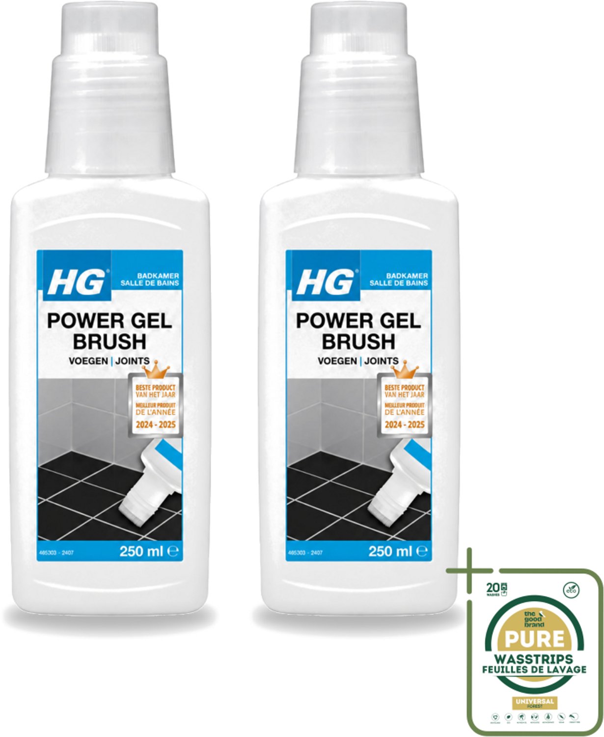 2 x HG - Badkamer - Voegenreiniger - Power Gel Borstel - 250 ml - Wasstrips - Voegen Reinigen - Voegen Reiniger - Voegen Schoonmaken - Voegen Reinigen Gel - Voegen Reinigen Borstel
