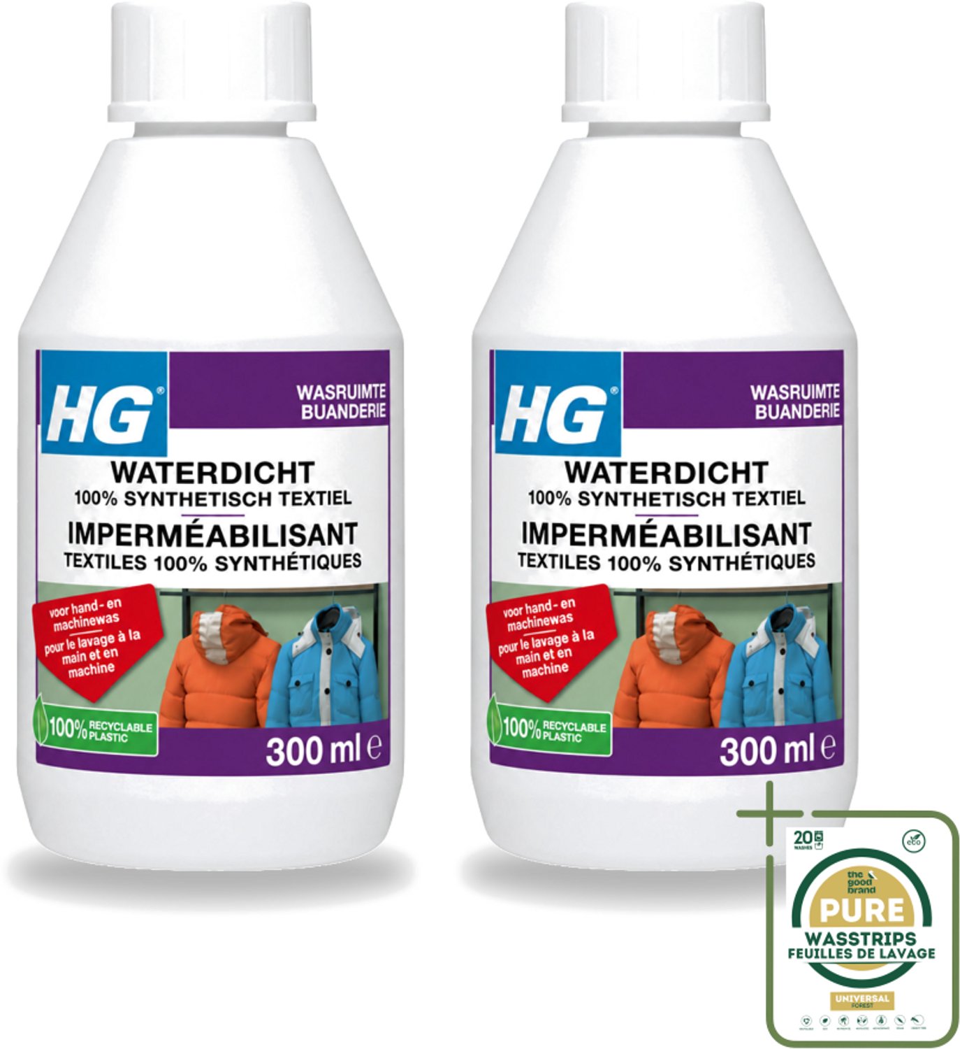 2 x HG - Wasruimte - Waterdicht 100% Synthetisch Textiel - Voor Hand & Machine Was - 300 ml - Wasstrips - Waterdicht Textiel - Vuilafstotend Textiel - Synthetisch Textiel Behandelen - Regenkleding Waterdicht Maken - Ski Kleding Waterdicht