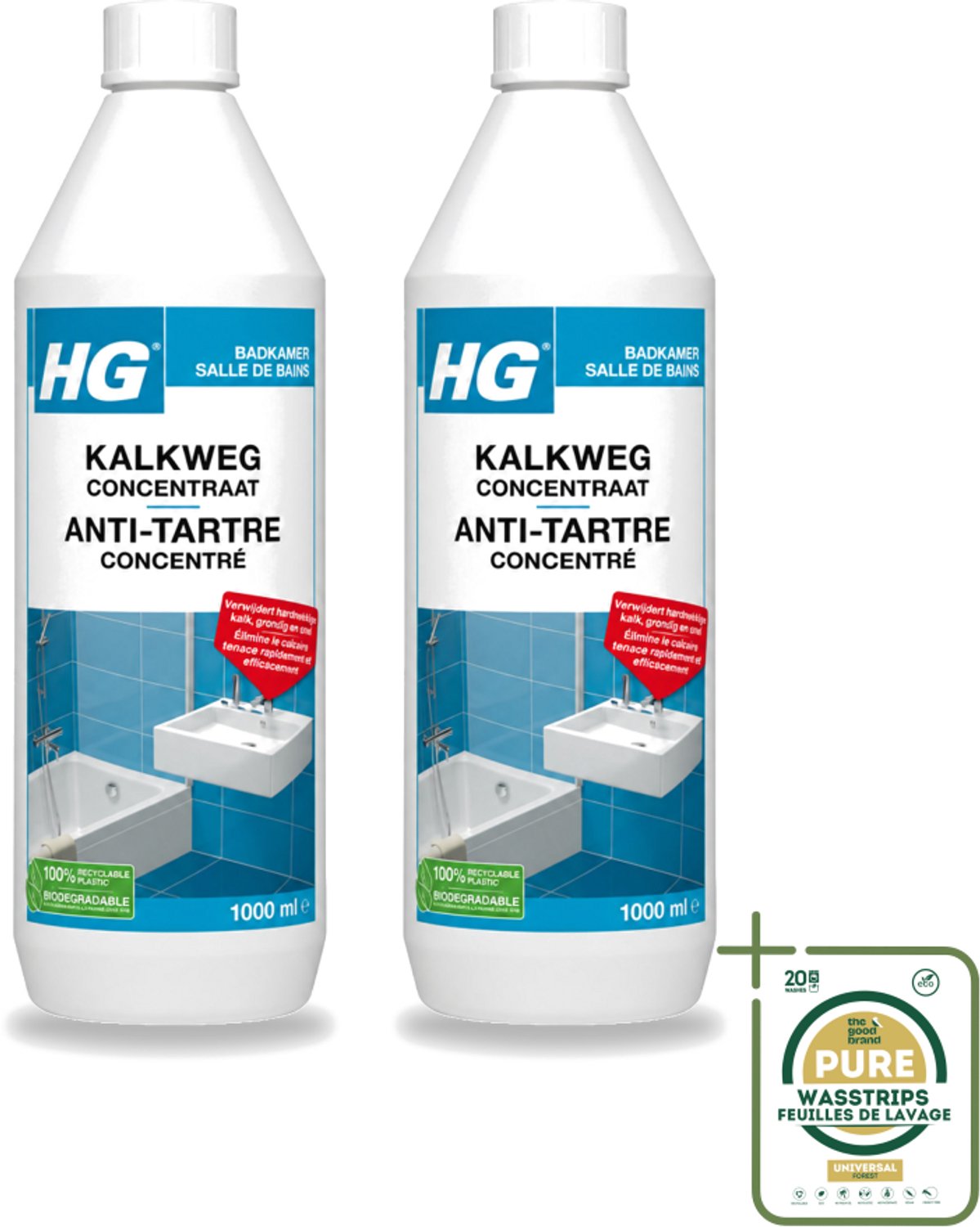 2 x HG - Badkamer - Kalkweg Concentraat - Verwijdert Hardnekkige Kalk - 1L - Wasstrips - Kalk Weg - Kalk Verwijderen - Roestvlekken Verwijderen - Kalksteen Verwijderen - Badkamer Reinigen