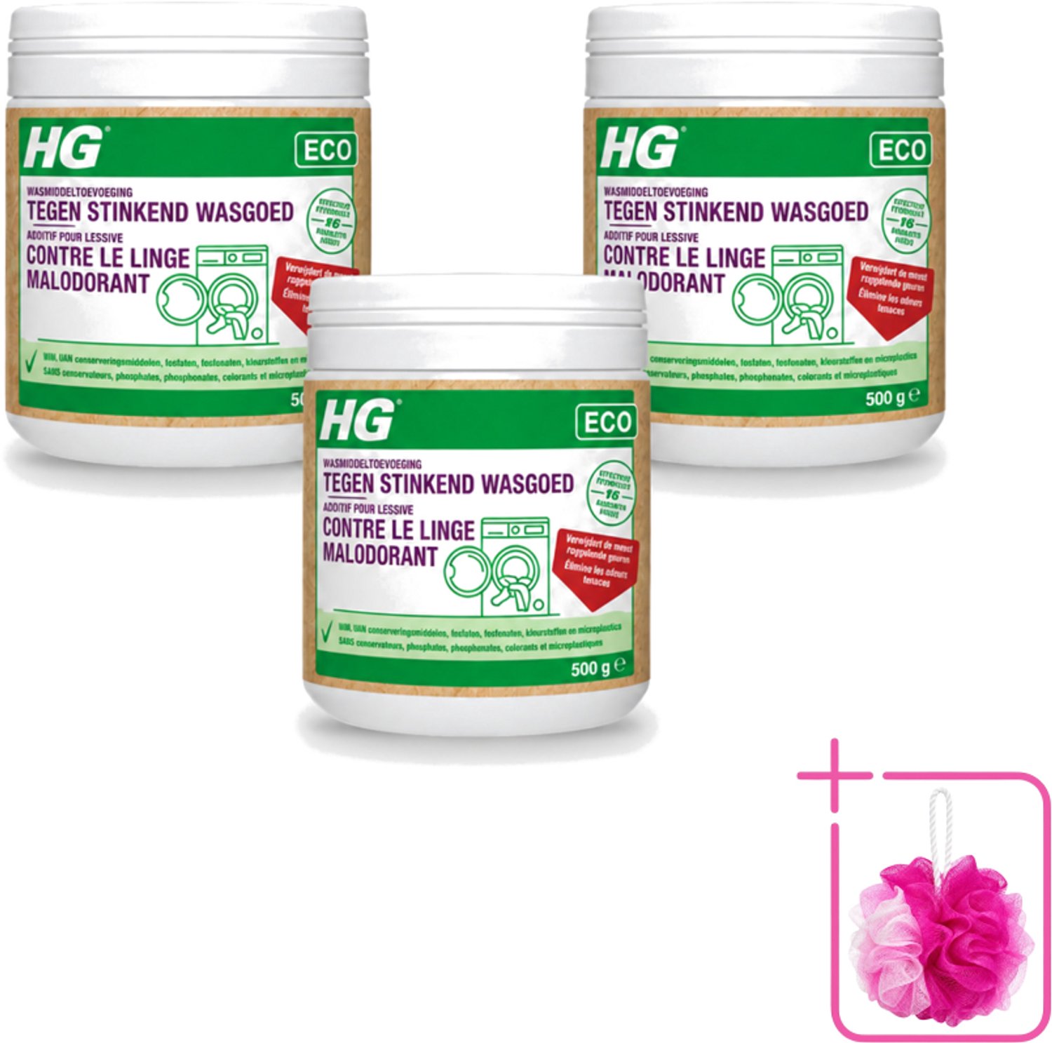 3 x HG ECO - Wasmiddeltoevoeging Tegen Stinkend Wasgoed - Effectieve Formule - 16 Wasbeurten - 500 g - Bulkverpakking - Wasmiddel - Douchemop - Stankmoleculen