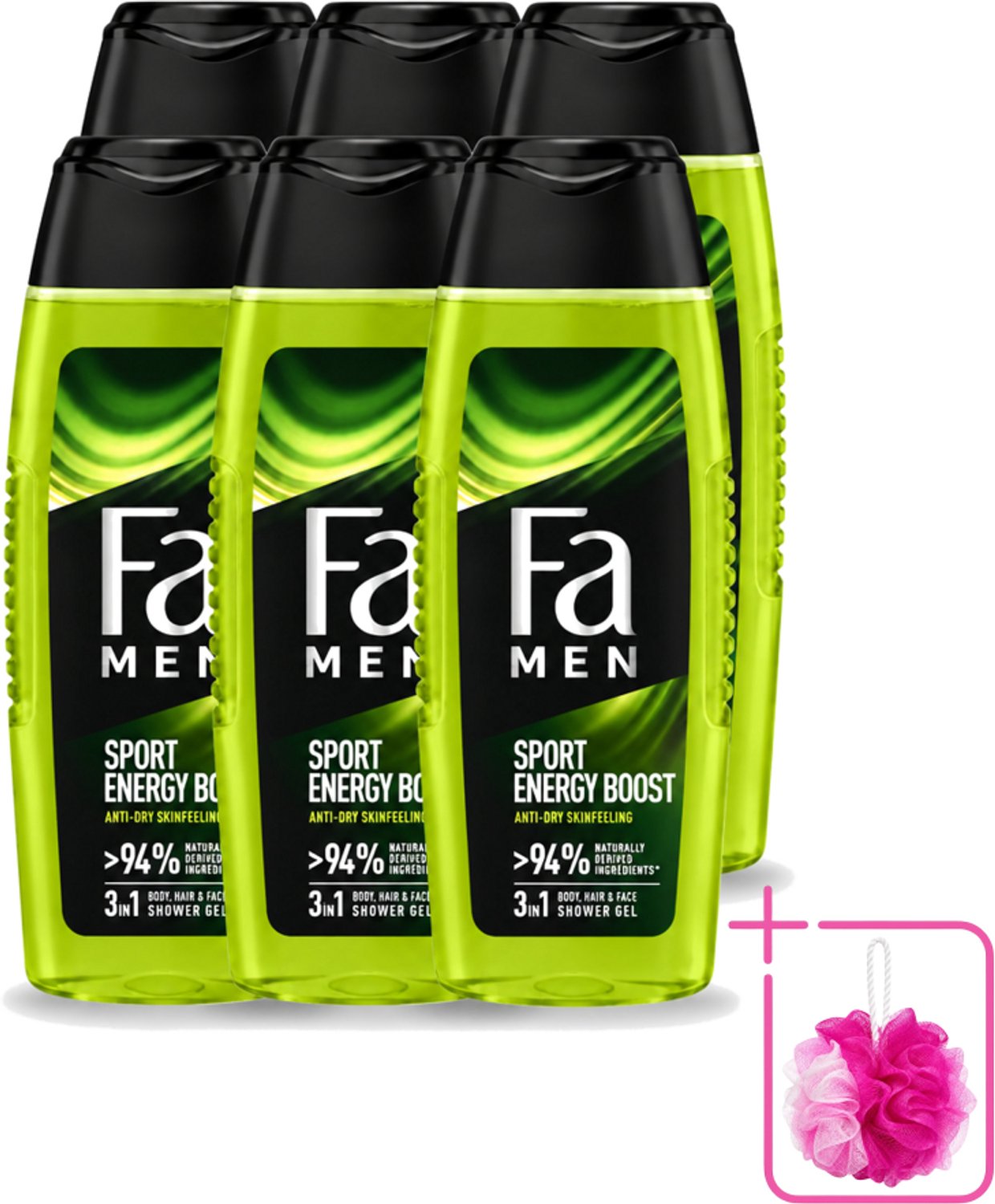 6 x Fa Men - Sport Energy Boost - Doucemiddel - Voor Lichaam, Haar & Gezicht - 250 ml - Bulkverpakking - Sport energie - Douchemop - Frisheid