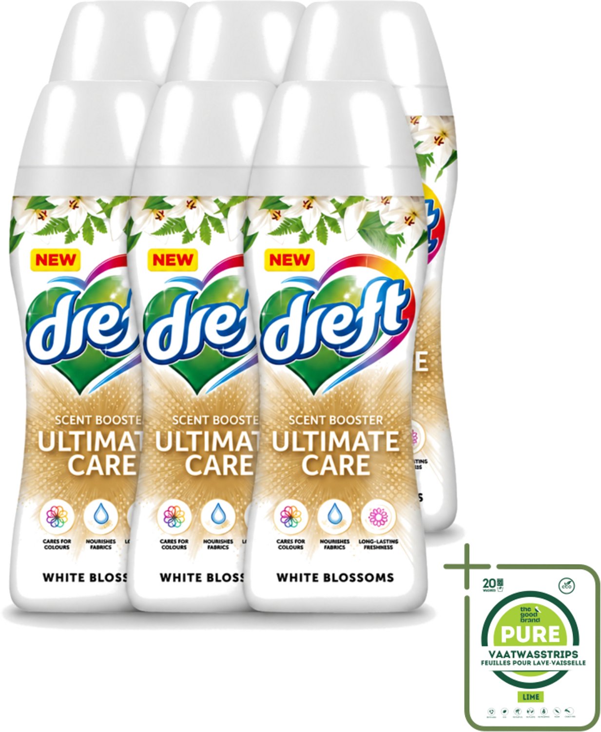 6 x Dreft - Ultimate Care - Wasverzachter - Geurbooster - Gekleurde Was - Witte Bloem - 15 Wasbeurten - Grootverpakking - Vaatwasstrips - Wasmiddel - Geurbooster - Kleurbescherming - Wasverzachter - Vezelverzorging