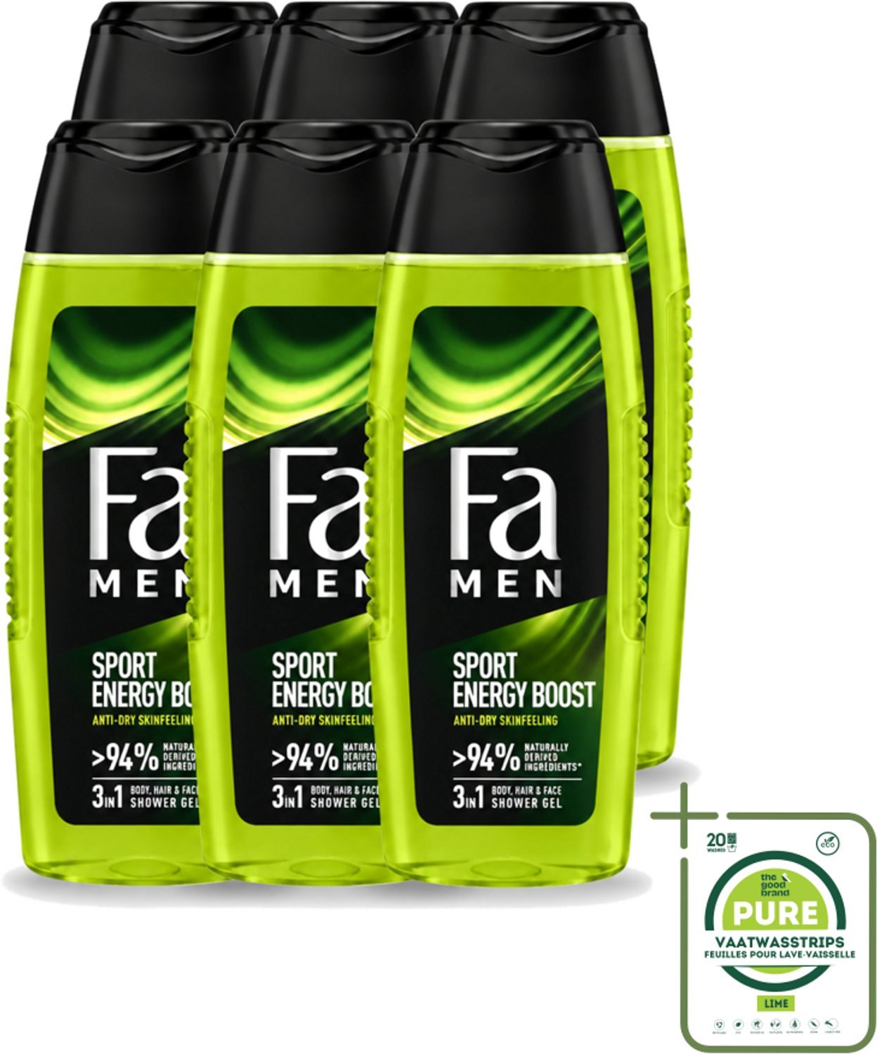 6 x Fa Men - Sport Energy Boost - Doucemiddel - Voor Lichaam, Haar & Gezicht - 250 ml - Grootverpakking - Vaatwasstrips - Sport Energie - Frisheid - Lichaam Reinigen - Haar Verzorgen - Gezicht Verzorgen