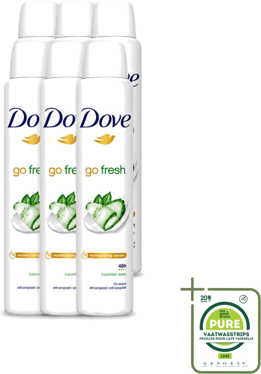 6 x Dove Go Fresh - Deospray - Groene Thee & Komkommer - 200 ml - Grootverpakking - Vaatwasstrips - Dove Go Fresh Deospray Groene Thee & Komkommer - Frisheid - Transpiratie Bescherming - Geur - Oksel Crème