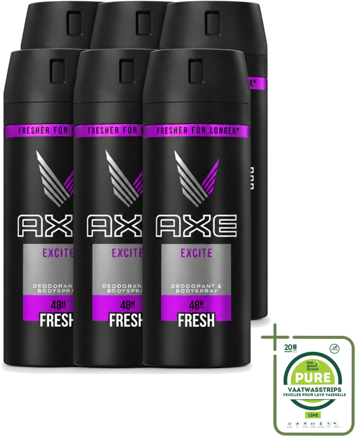 6 x Axe - Deodorant Bodyspray - 48hrs Fresh - Excite - 150 ml - Grootverpakking - Vaatwasstrips - 48 Uur Fris - Deodorant Spray - Kokosnoot Geur - Zwarte Peper Geur - Frisheid