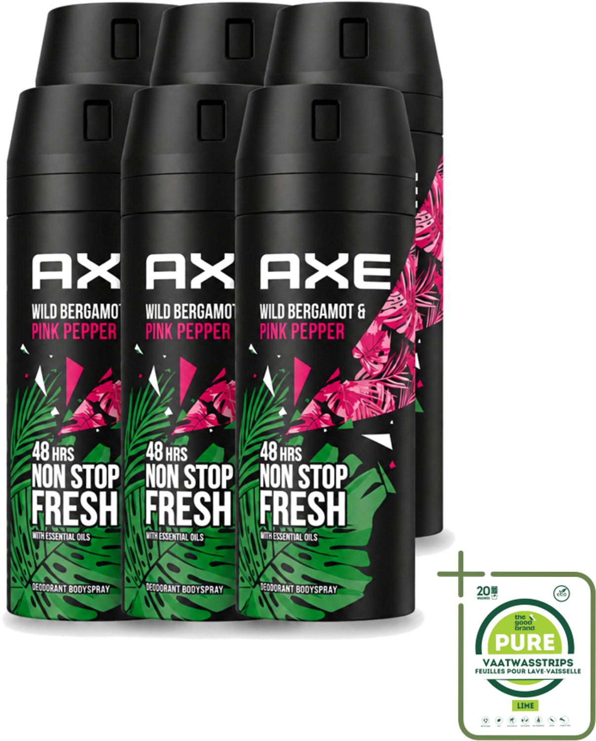 6 x Axe - Deodorant Bodyspray - 48hrs Fresh - Wild Bergamot & Pink Pepper - 150 ml - Grootverpakking - Vaatwasstrips - 48 Uur Bescherming - Zweetbestendig - Geurbestendig - Bergamot - Roze Peper