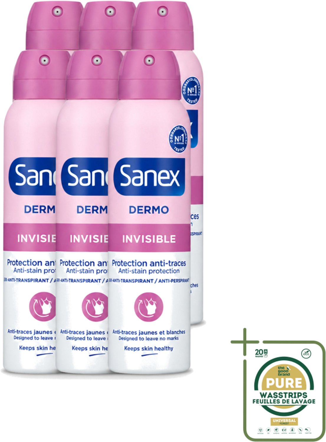 6 x Sanex – Deodorant Spray – Dermo Invisible – 150 ml - Wasstrips - Onzezichtbare Deodorant - Deodorant Spray - Transpiratieregulatie - Huidbescherming - Strepenvoorkomend