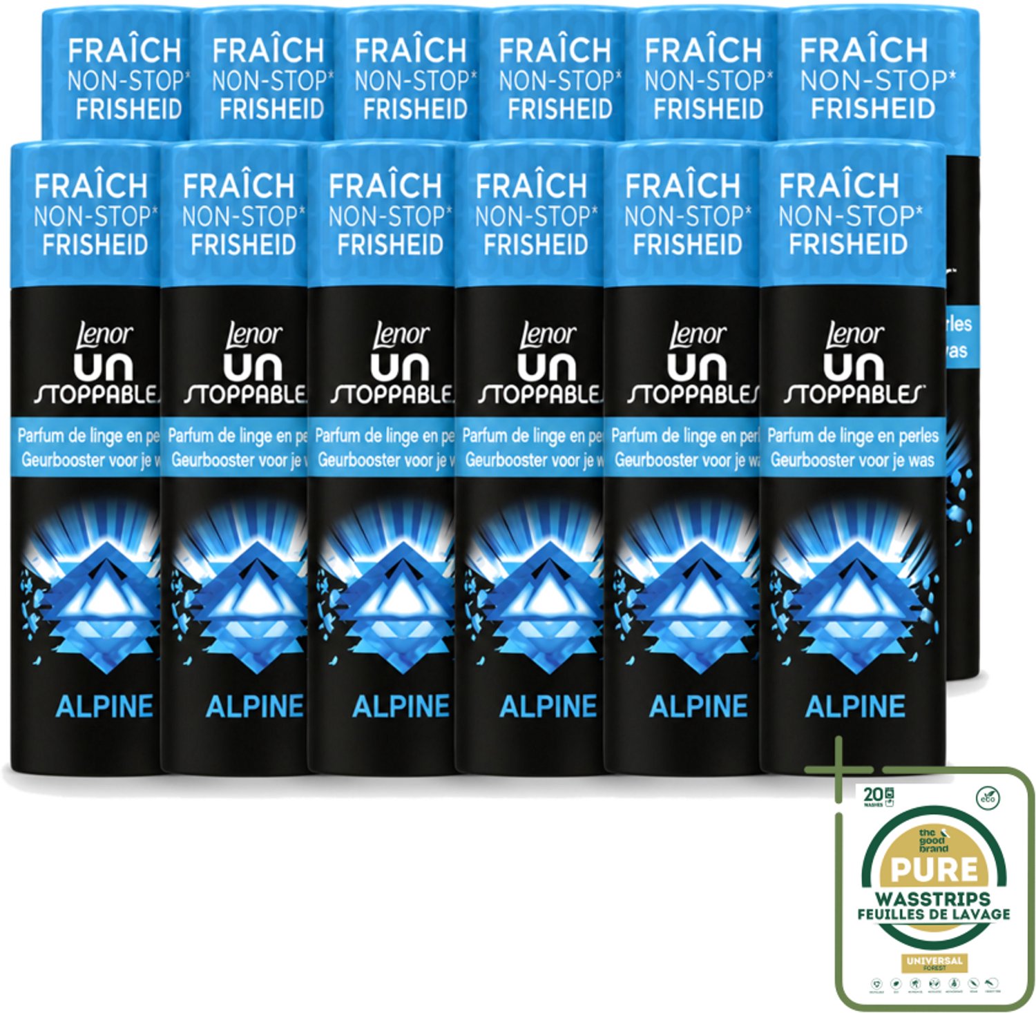 12 x Lenor Unstoppables – Geurbooster – Alpine – 19 Wasbeurten – 235 g - Wasstrips - Geurbooster Wasgoed - Frisheid Wasgoed - Citrus Geur - Bloemen Geur - Kruiden Geur