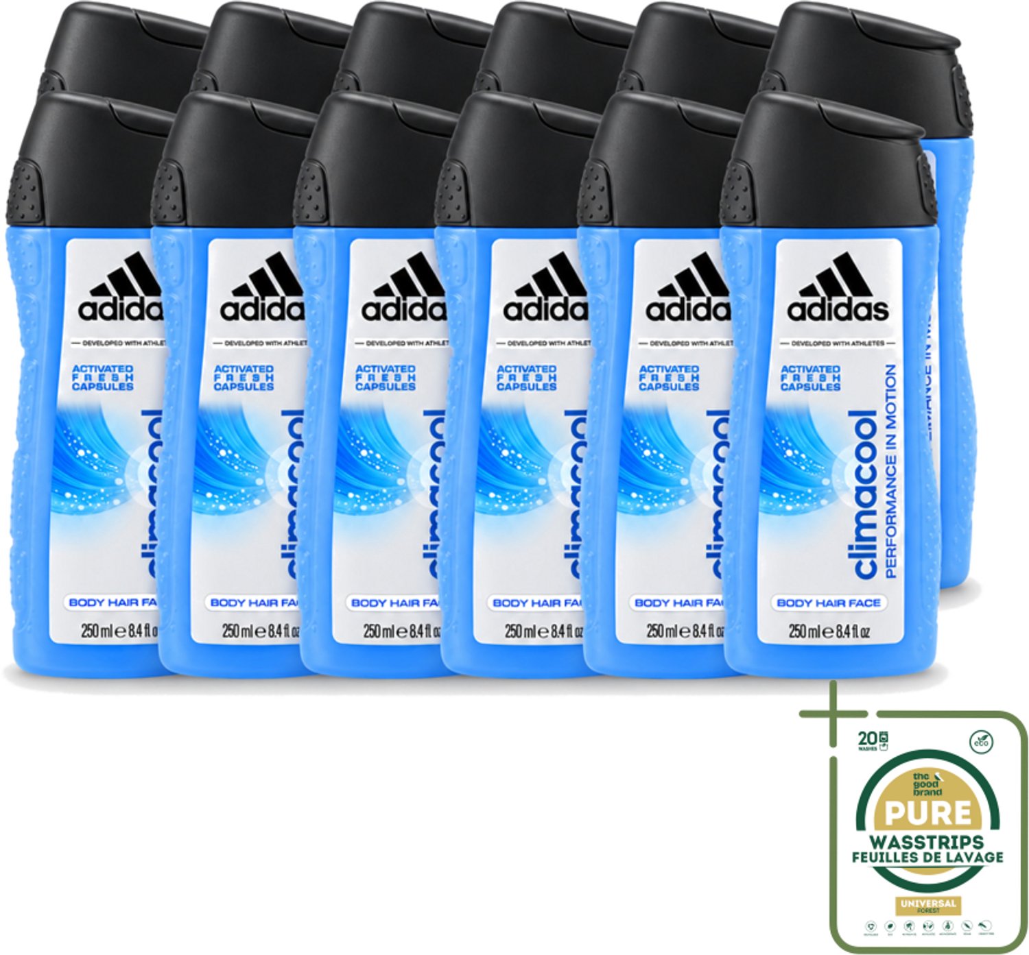 12 x Adidas – Douchegel – Climacool Men – 250 ml - Wasstrips - Douchegel - Frisheid - Sportgeur - Actieve Frisheid - Bewegingssensor