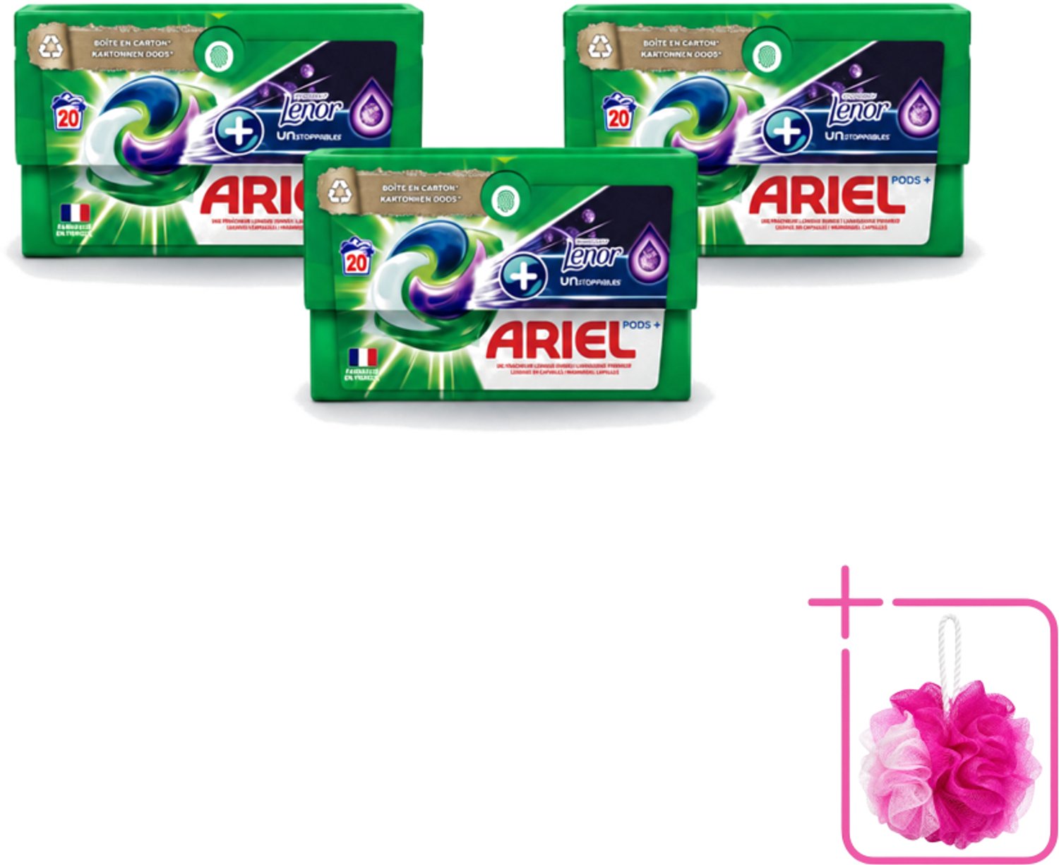 3 x Ariel Original - Touch of Lenor Unstoppables - Wasmiddelcapsules - Pods+ - Witte en Gekleurde Was - 20 Wasbeurten - Bulkverpakking - Wasmiddelcapsules - Douchemop - Reiniging