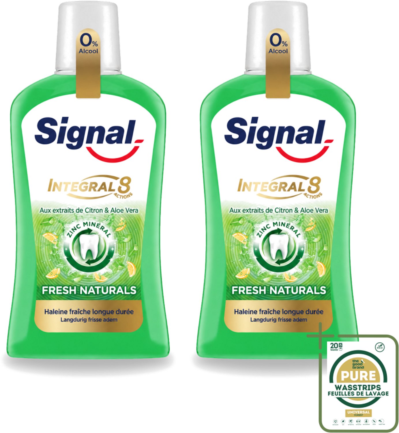 2 x Signal - Integral & Actions - Mondwater - 0 % Alcohol - Fris Natuurlijk - Citroen & Aloë Vera - 500 ml - Wasstrips - Mondwater - Mondverzorging - Citroenmondwater - Aloe Vera Mondwater - 0% Alcohol Mondwater