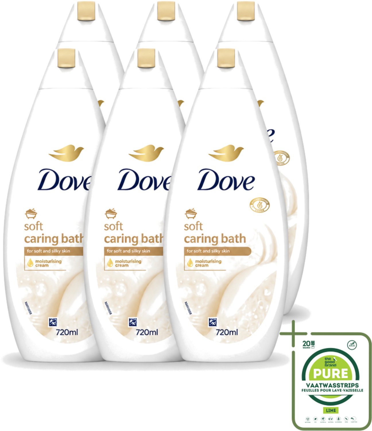 6 x Dove – Badcrème – Soft – 720 ml - Grootverpakking - Vaatwasstrips - Douchegel - Zachte Reiniging - Zijdeachtige Huid - Glycerine - Huidverzorging