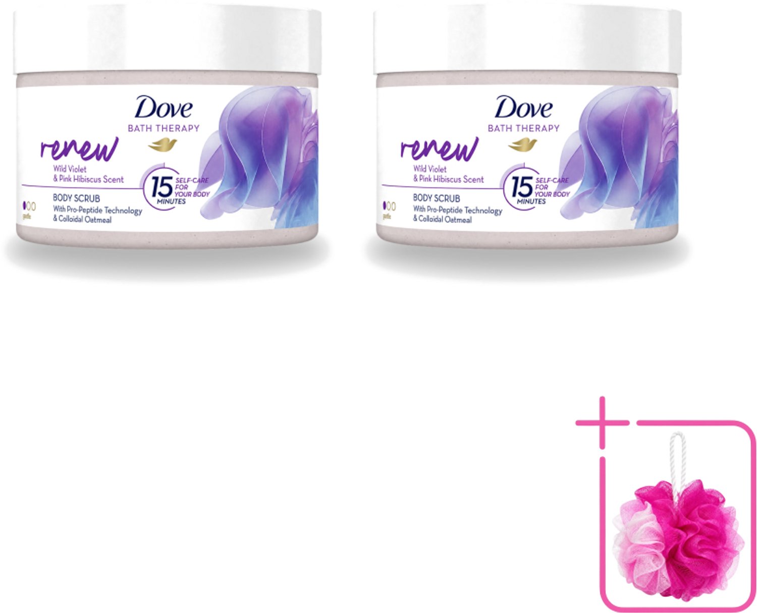 2 x Dove Bath Therapy Renew - Bodyscrub - Wilde Viooltjes & Roze Hibiscus - 295 ml - Bulkverpakking - Huidvernieuwing - Douchemop - Huidscrub