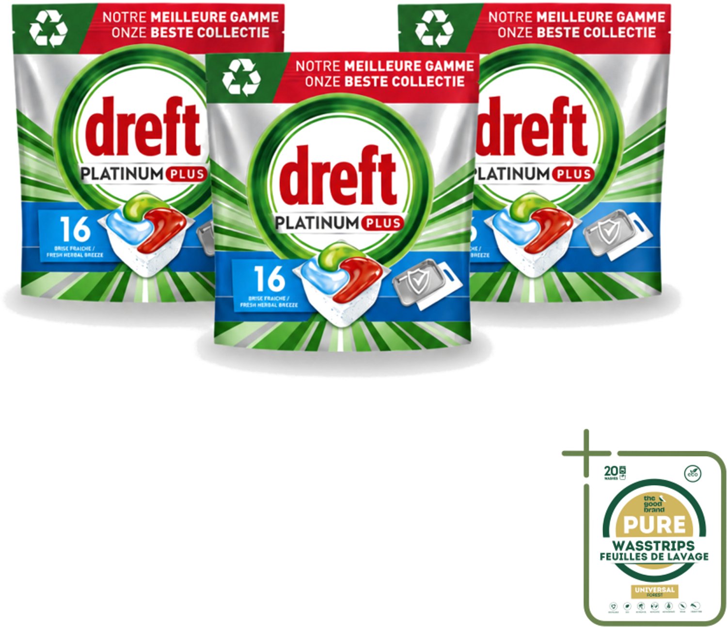 3 x Dreft Platinum Plus - All In One - Vaatwascapsules - Fresh Herbal Breeze - 16 Afwasbeurten - Vaatwassen - Vaatwassen Capsule - Vaatwassen Kruidgeur - Vaatwassen Glans - Vaatwassen Eco