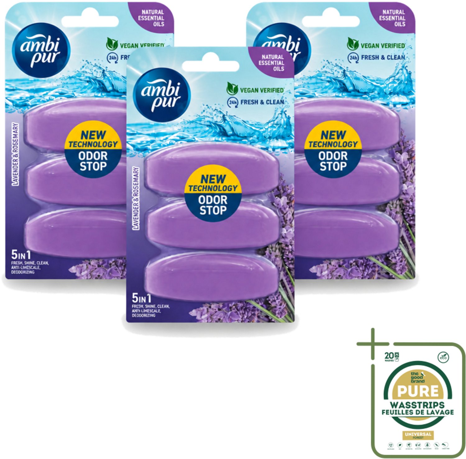 3 x Ambi Pur - Navulling Toiletblok - Lavendel & Rozemarijn - 3 Blokken - Wasstrips - Toiletblok Navulling - Reinigingsvulling - Frisse Toiletomgeving - Lavendel En Rozemarijn - Hygiëne