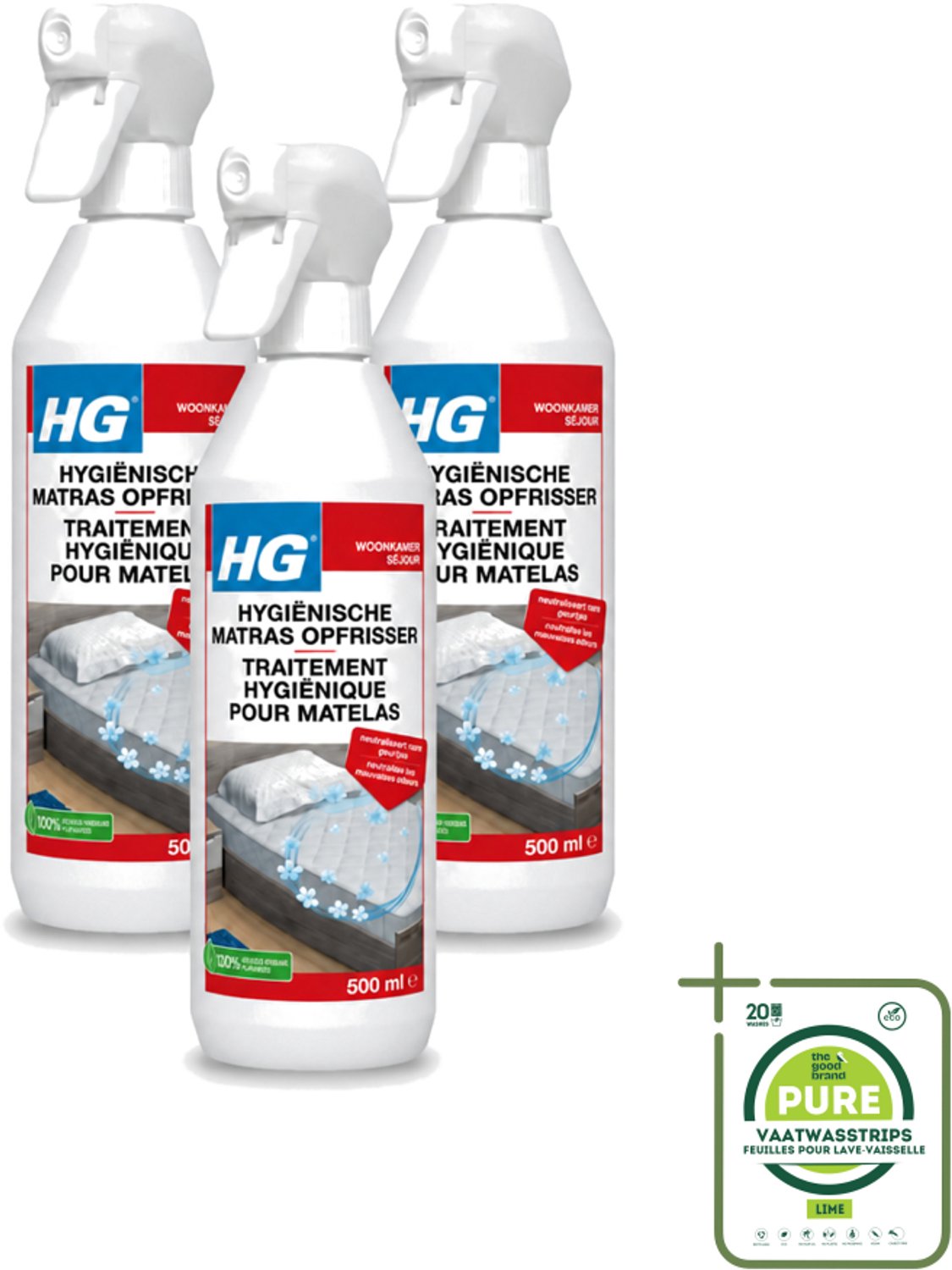 3 x HG - Hygiënische Matras Opfrisser - Werkt Na 30 Minuten - Neutraliseert Nare Geurtjes - 500 ml - Grootverpakking - Vaatwasstrips - Matrasopfrisser - Hygiëne - Geur Verwijderen - Matras Reinigen - Enzymen