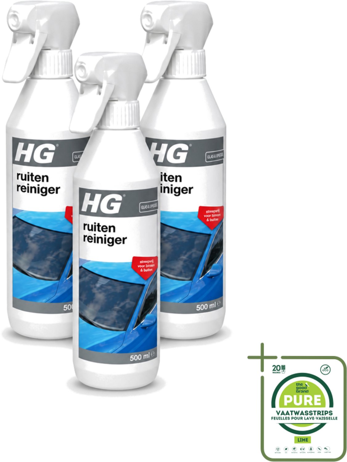 3 x HG - Ruitenreiniger - Streepvrij Voor Binnen & Buiten - 500 ml - Grootverpakking - Ruitenreiniger - Ruiten Reinigen - Ruiten Reinigen Binnen En Buiten - Ruiten Reinigen Auto - Ruiten Reinigen Caravan