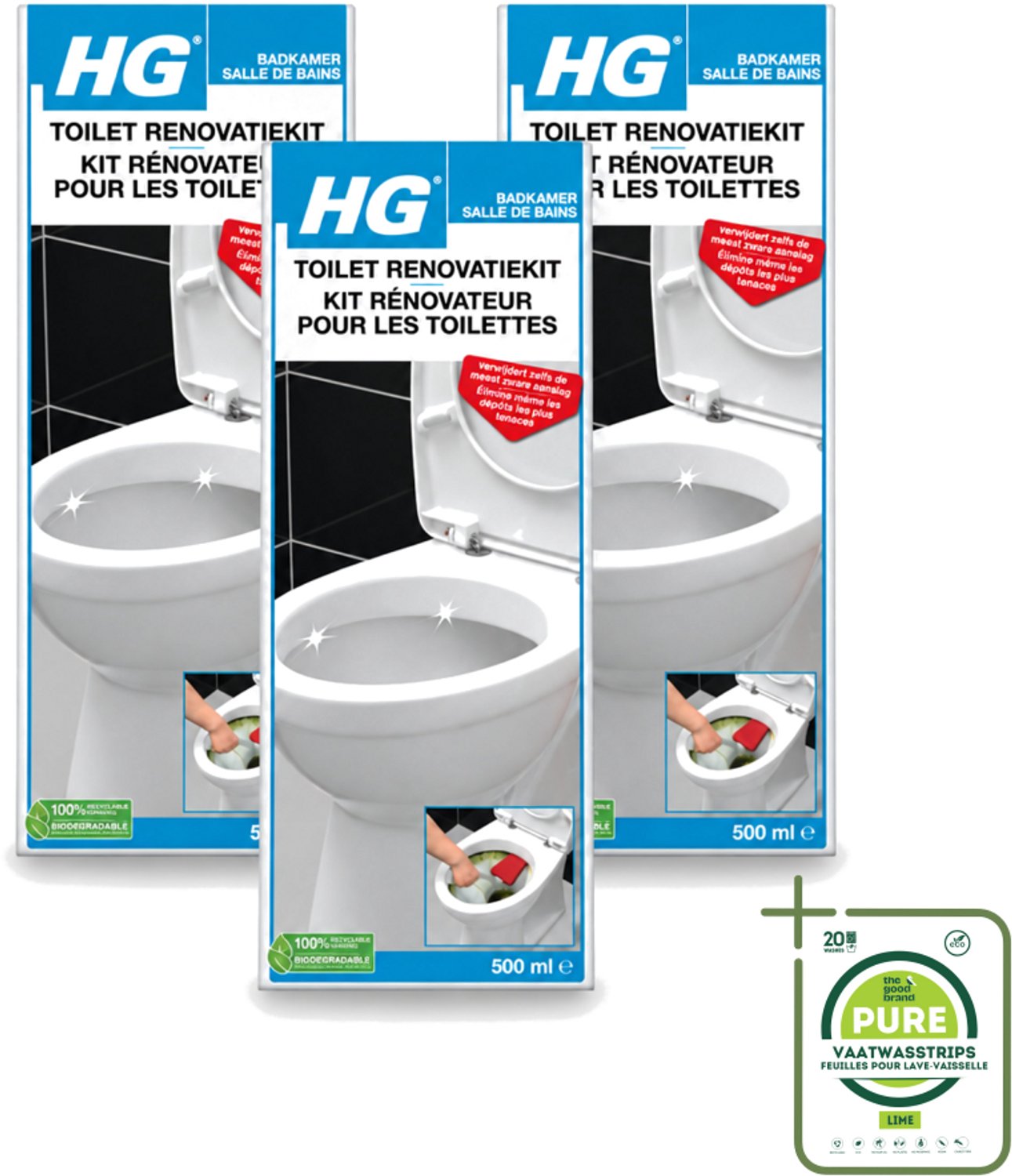 3 x HG - Badkamer - Toilet Renovatiekit - Verwijdert De Meest Zware Uitslag - 500 ml - Grootverpakking - Vaatwasstrips - Toilet Renovatie - Toilet Reinigen - Aanslag Verwijderen - Kalk Verwijderen - Urinesteen Verwijderen
