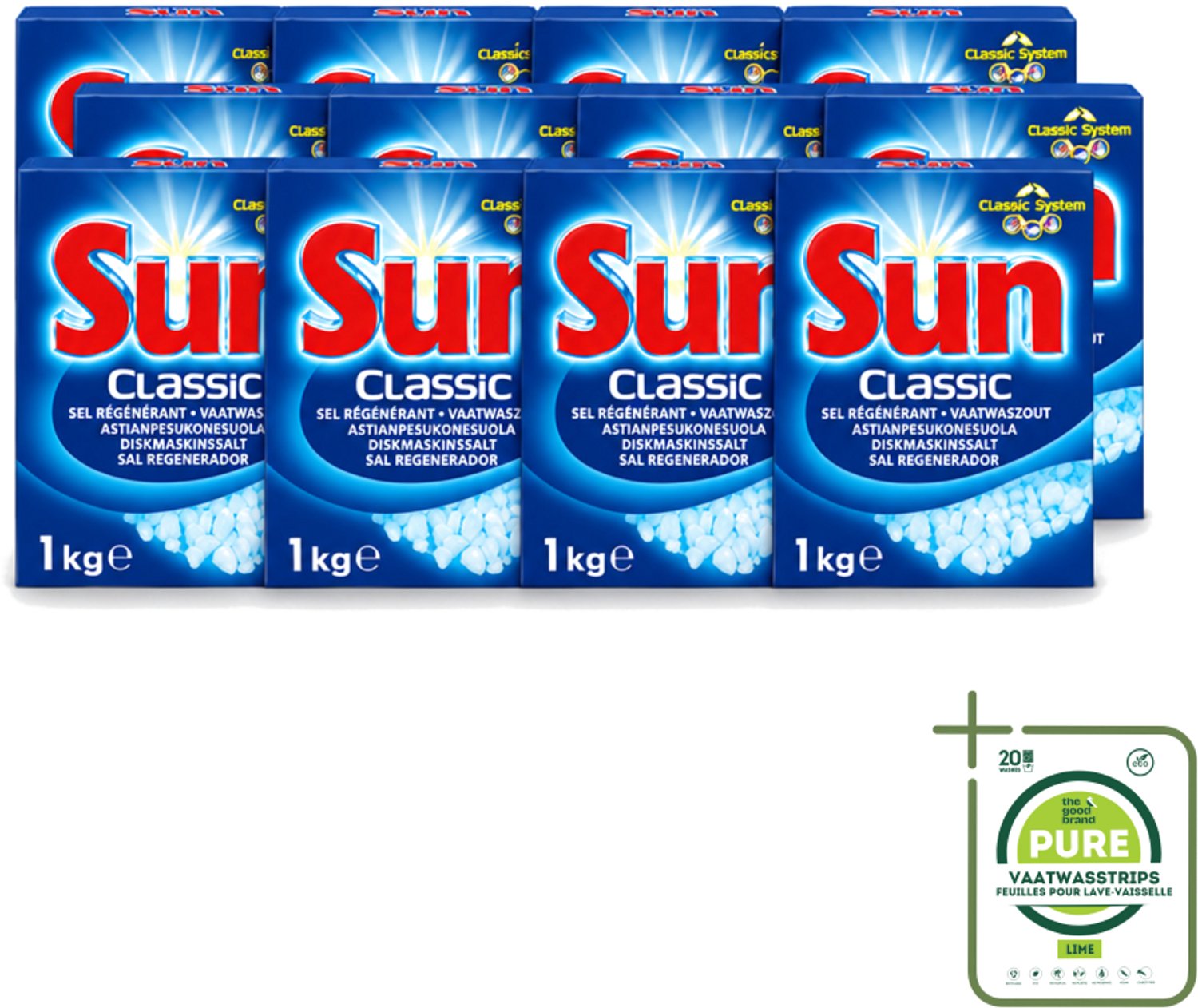 12 x Sun Classic - Vaatwaszout - Klassiek Systeem - 1 kg - Grootverpakking - Vaatwasstrips - Vaatwaszout - Kalkaanslag Voorkomen - Vaatwasser Onderhoud - Waterhardheid - Klassiek Systeem