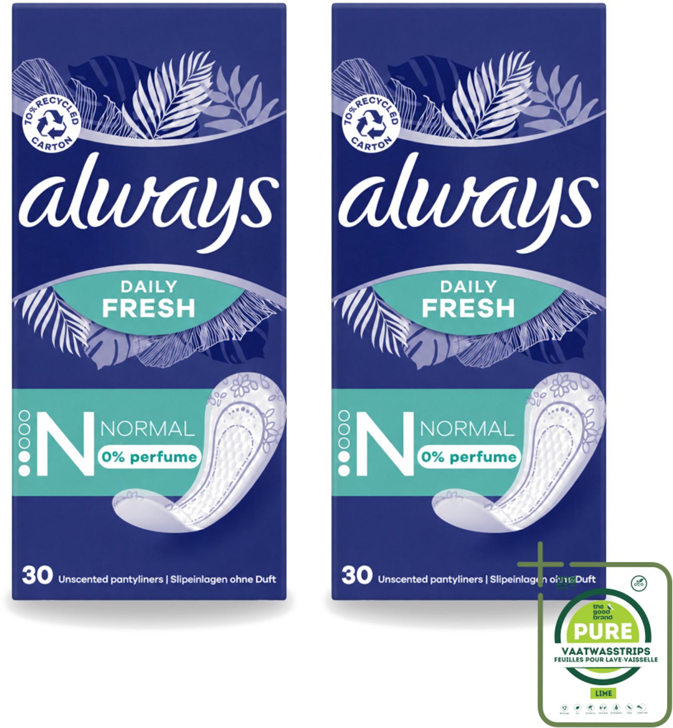 2 x Always Daily Fresh - Inlegkruisjes - Normaal - Ongeparfumeerd - 30 Inlegkruisjes - Grootverpakking - Vaatwasstrips - Inlegkruisjes - Geurneutralisatie - Actipearls - Dermatologisch Getest - Droog Gevoel