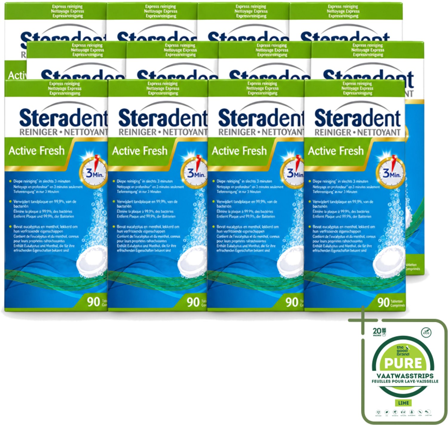 12 x Steradent - Kunstgebitreiniger - Active Fresh - Menthol En Eucalyptus - 90 Tabletten - Grootverpakking - Vaatwasstrips - Kunstgebit Reinigen - Kunstgebit Reiniging - Kunstgebit Reiniging Tabletten - Kunstgebit Frisheid - Kunstgebit Geur