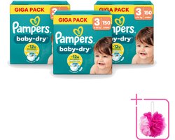 3 x Pampers – Luiers – Baby Dry Maat 3 – 150 Luiers - Bulkverpakking - Baby-dry luiers - Douchemop - Lekken voorkomen