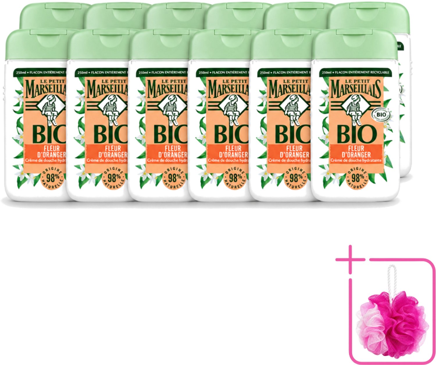 12 x Le Petit Marseillais – Douchegel – Fleur d’Oranger – 250 ml - Bulkverpakking - Douchegel oranje bloesem - Douchemop - Oranje bloesem geur
