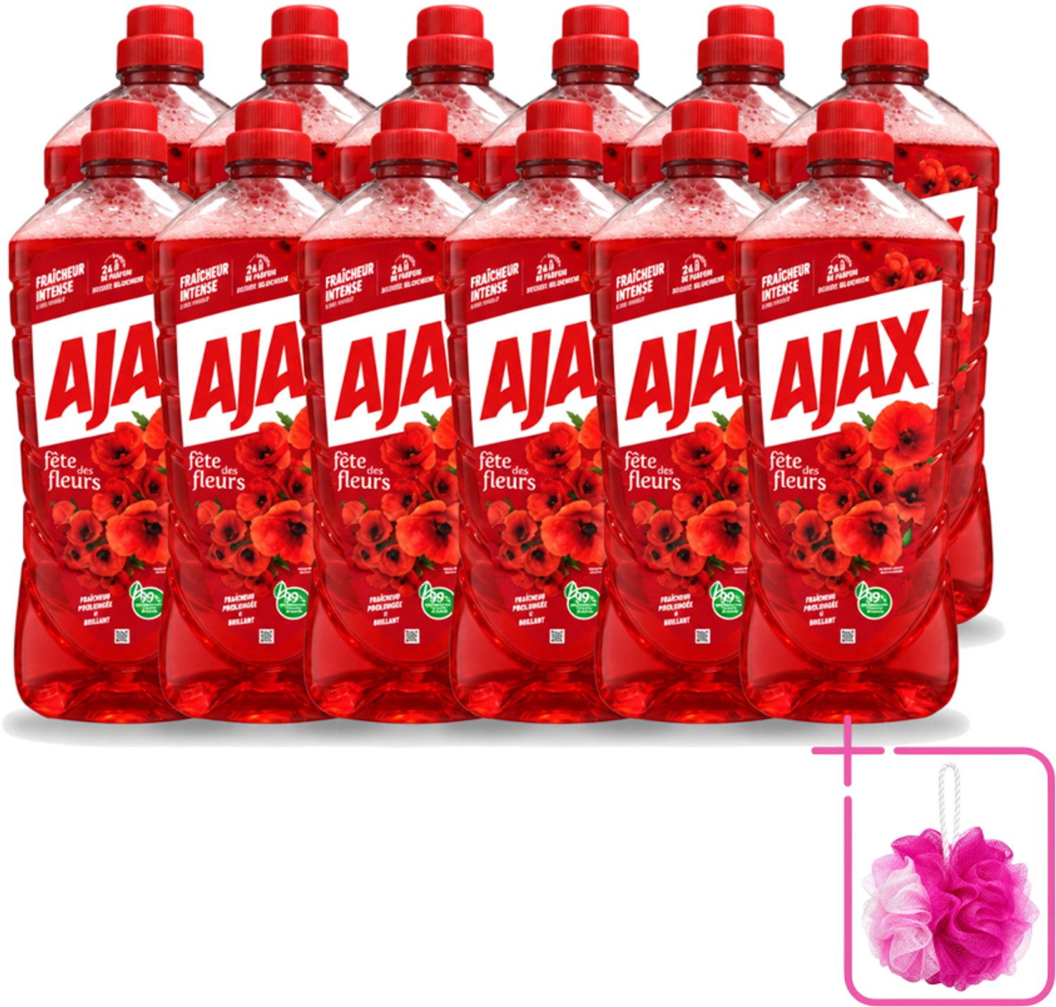 12 x Ajax – Allesreiniger – Rode Bloemen – 1,25 L - Bulkverpakking - Allesreiniger rode bloemen - Douchemop - Reiniger 1.25 l