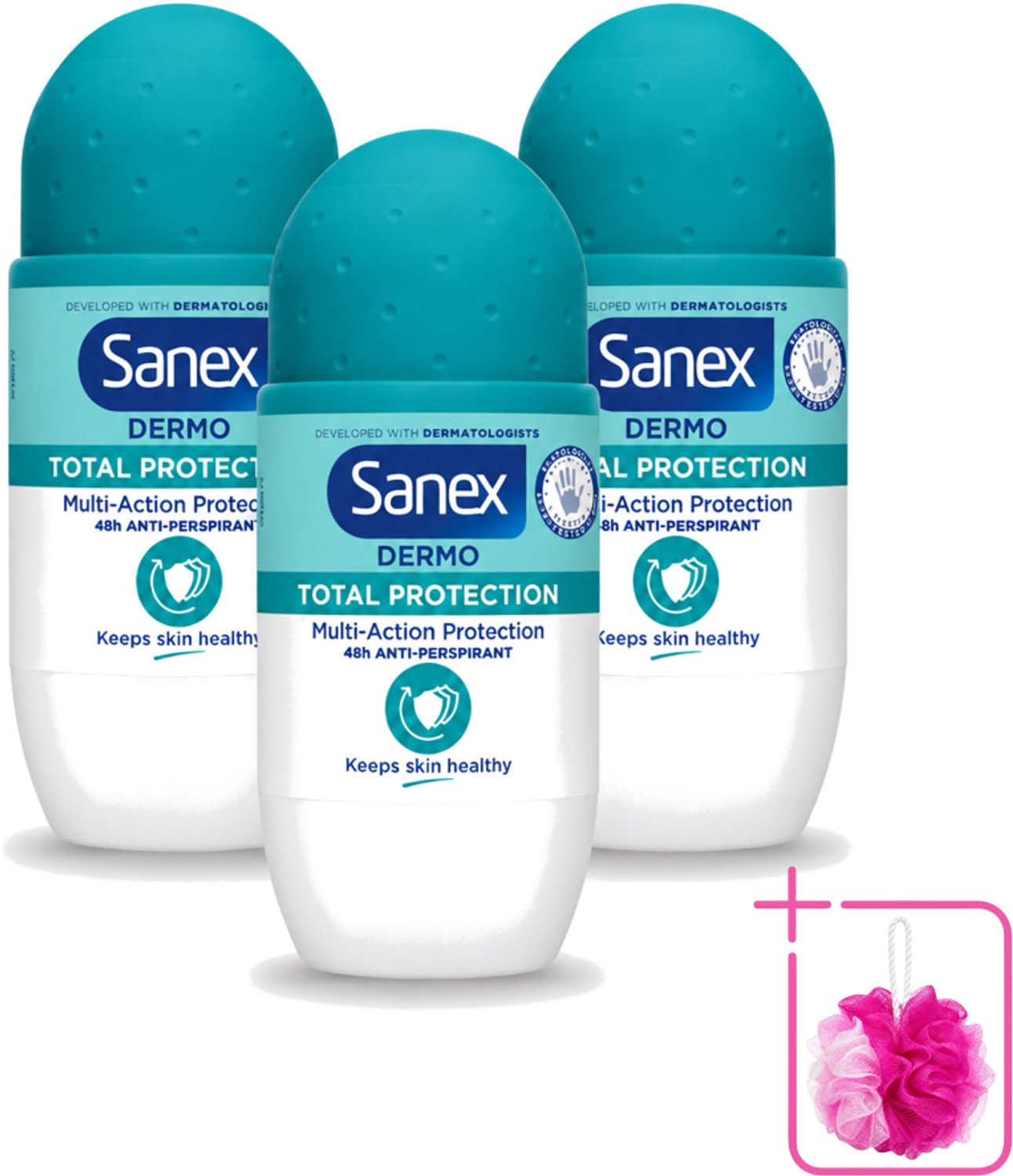 3 x Sanex – Deodorant Roll-On – Dermo Total Protection – 50 ml - Bulkverpakking - Douche - Douchemop - Deodorant roll-on