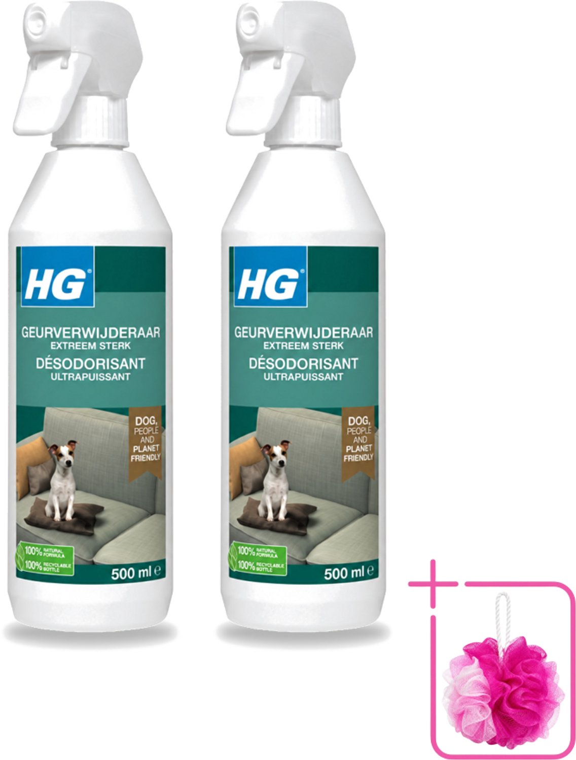 2 x HG - Geurverwijderaar Hond Spray - Extreem Sterk - Werkt Binnen 30 Minuten - 100% Biologisch - 500 ml - Bulkverpakking - Geurverwijderaar hond - Douchemop - Hond geur